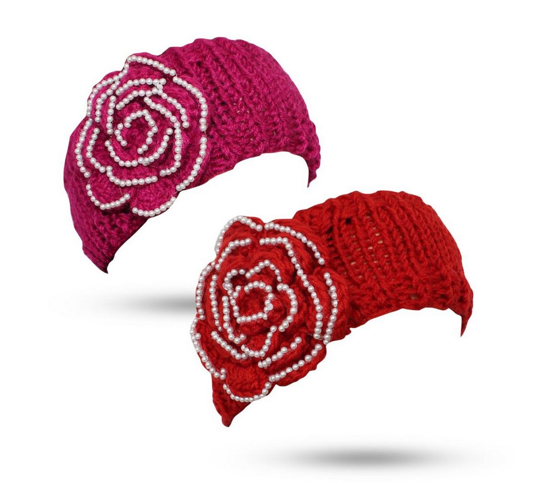 dy_mode Stirnband Strick Stirnband Damen Winter Haarband Ohrenschützer - 2er Set (2er Set) gehäkelter Blume und Kunstperlen-Verzierungen von dy_mode