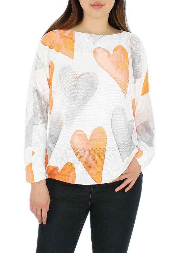 dy_mode Strandpullover Leichter Damen-Strickpullover mit Herz-Print Oversize-Pullover Bunter Herz Print, mit Rundhalsausschnitt von dy_mode