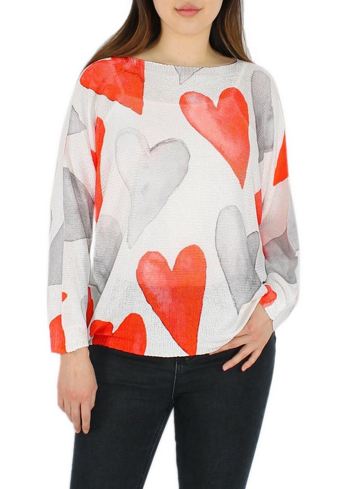 dy_mode Strandpullover Leichter Damen-Strickpullover mit Herz-Print Oversize-Pullover Bunter Herz Print, mit Rundhalsausschnitt von dy_mode