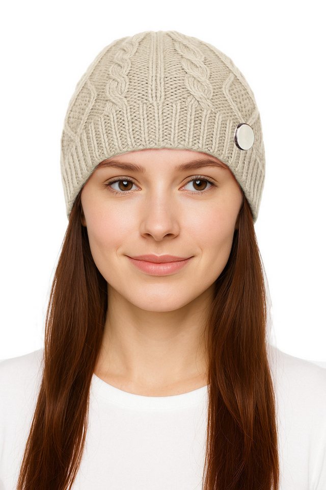 dy_mode Strickmütze Damen Strickbeanie mit Zopfmuster & Deko-Knopf leicht Wintermütze in Unifarbe, mit Zierknopf von dy_mode