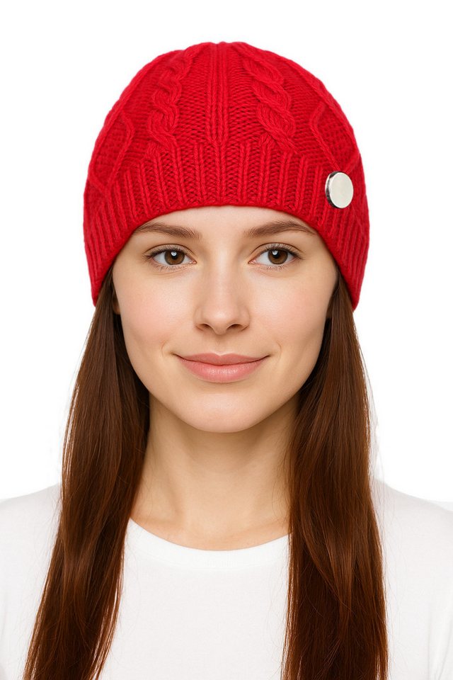 dy_mode Strickmütze Damen Strickbeanie mit Zopfmuster & Deko-Knopf leicht Wintermütze in Unifarbe, mit Zierknopf von dy_mode