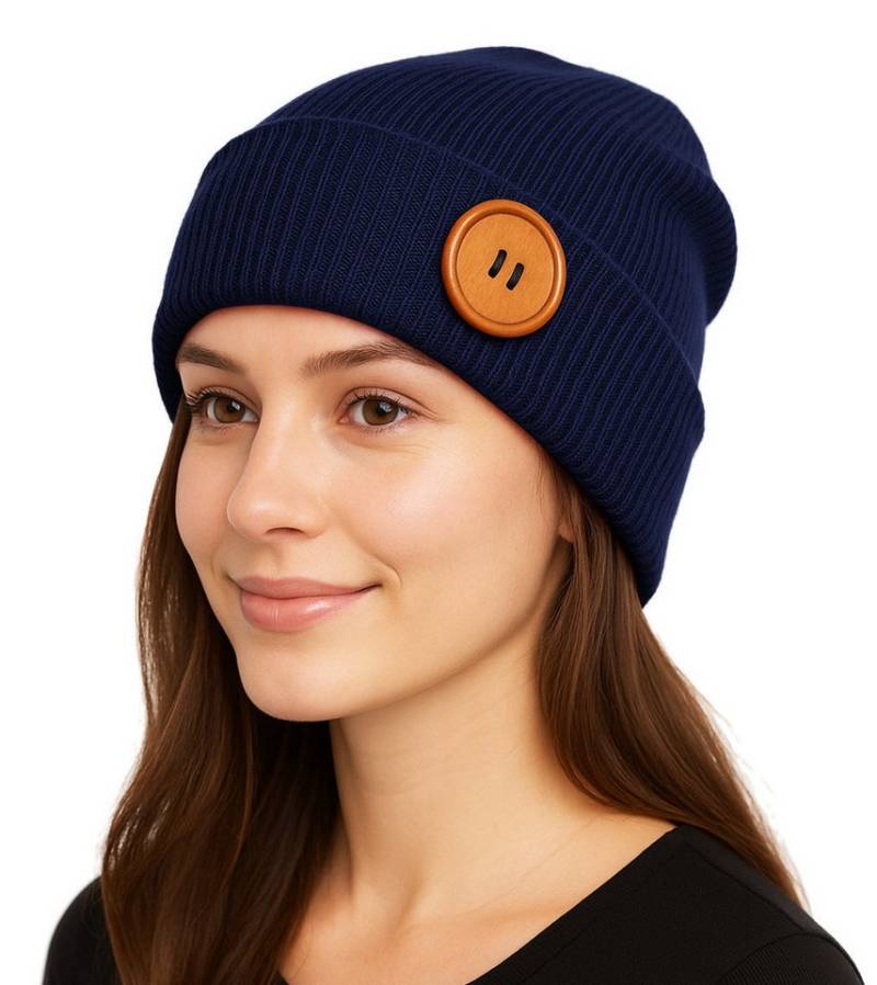 dy_mode Strickmütze Unisex Feinstrick Beanie mit Holzknopf Herren Wintermütze Damen mit breitem Umschlag, mit Eyecatcher Deko-Holzknopf von dy_mode