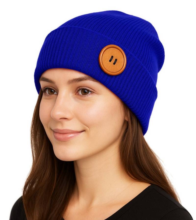 dy_mode Strickmütze Unisex Feinstrick Beanie mit Holzknopf Herren Wintermütze Damen mit breitem Umschlag, mit Eyecatcher Deko-Holzknopf von dy_mode