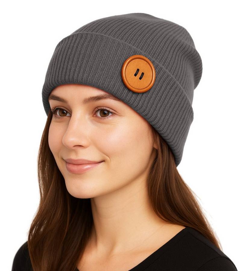 dy_mode Strickmütze Unisex Feinstrick Beanie mit Holzknopf Herren Wintermütze Damen mit breitem Umschlag, mit Eyecatcher Deko-Holzknopf von dy_mode