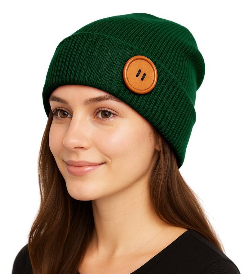 dy_mode Strickmütze Unisex Feinstrick Beanie mit Holzknopf Herren Wintermütze Damen mit breitem Umschlag, mit Eyecatcher Deko-Holzknopf von dy_mode