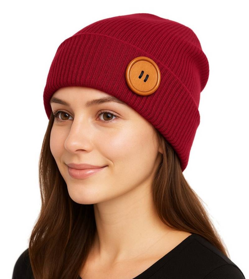 dy_mode Strickmütze Unisex Feinstrick Beanie mit Holzknopf Herren Wintermütze Damen mit breitem Umschlag, mit Eyecatcher Deko-Holzknopf von dy_mode