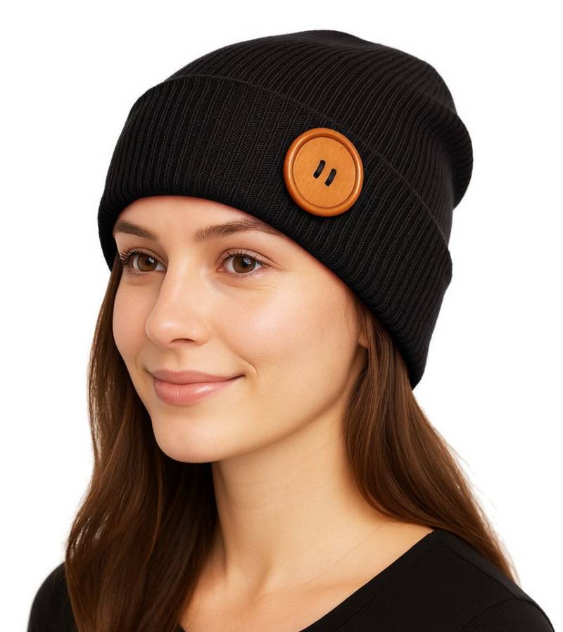 dy_mode Strickmütze Unisex Feinstrick Beanie mit Holzknopf Herren Wintermütze Damen mit breitem Umschlag, mit Eyecatcher Deko-Holzknopf von dy_mode