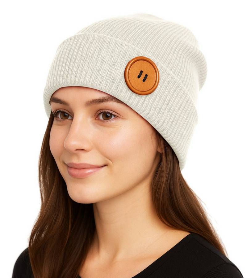 dy_mode Strickmütze Unisex Feinstrick Beanie mit Holzknopf Herren Wintermütze Damen mit breitem Umschlag, mit Eyecatcher Deko-Holzknopf von dy_mode