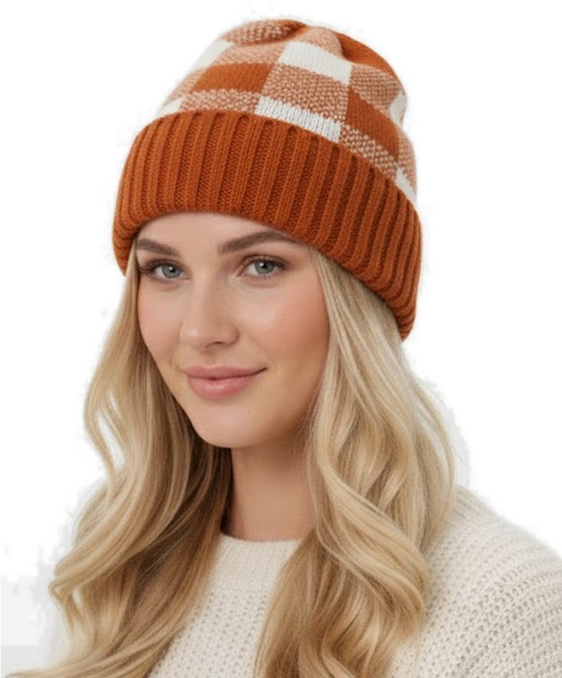 dy_mode Strickmütze Unisex Strick-Beanie Karo Muster Herren Strickmütze Damen mit breitem Umschlag, Bunt von dy_mode