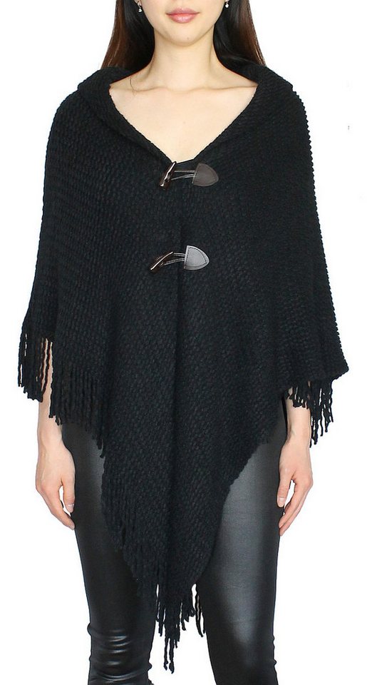 dy_mode Strickponcho Damen Cape Grobstrick Umhang Poncho Strickjacke mit Knebelknopf mit Fransen von dy_mode