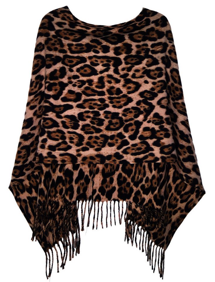 dy_mode Strickponcho Damen Feinstrick Poncho mit Fransen im Leo-Print Cape/Überwurf mit Fransen, im Leo-Print von dy_mode