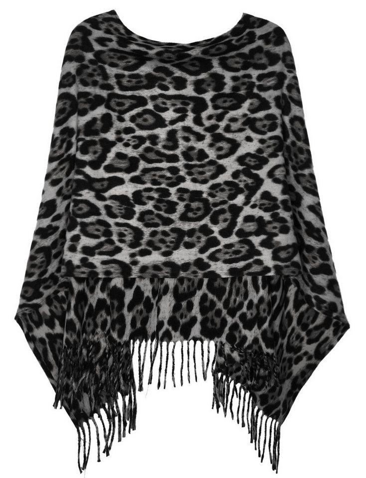 dy_mode Strickponcho Damen Feinstrick Poncho mit Fransen im Leo-Print Cape/Überwurf mit Fransen, im Leo-Print von dy_mode