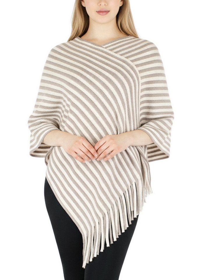 dy_mode Strickponcho Damen Fransenponcho Gestreift Überwurf Cape Poncho Gestrickt mit V-Ausschnitt, mit Fransen von dy_mode