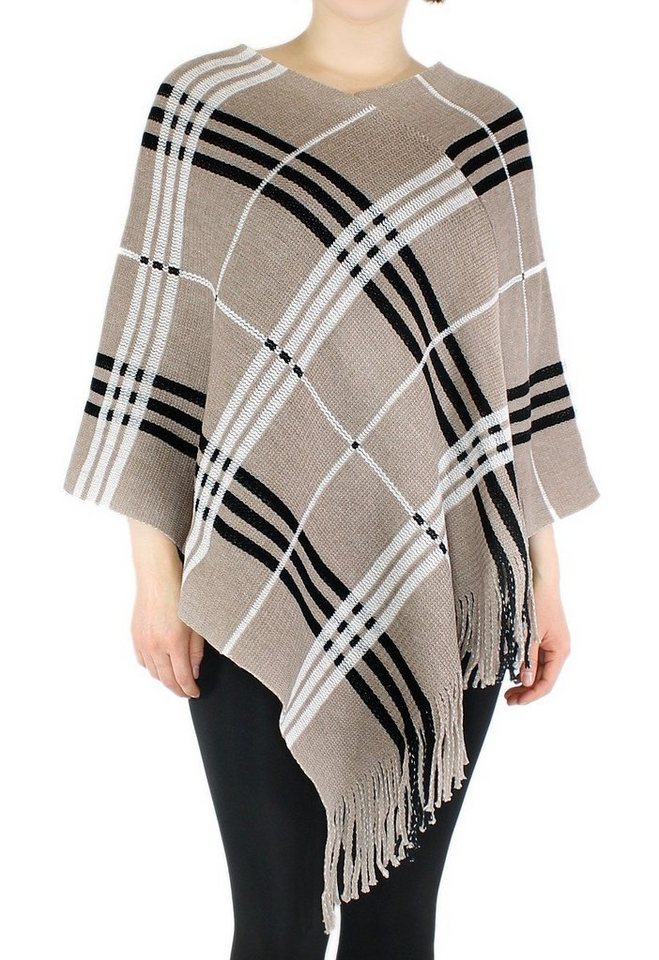 dy_mode Strickponcho Damen Strick Poncho Kariert Fransenponcho Überwurf Cape Pullover in Karo Muster, mit Fransen von dy_mode