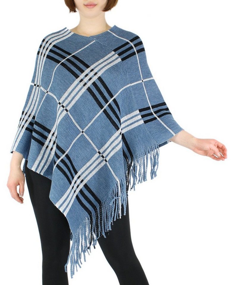 dy_mode Strickponcho Damen Strick Poncho Kariert Fransenponcho Überwurf Cape Pullover in Karo Muster, mit Fransen von dy_mode