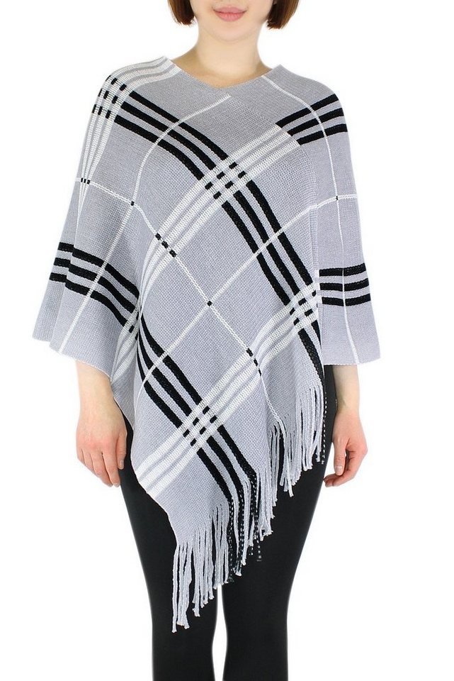 dy_mode Strickponcho Damen Strick Poncho Kariert Fransenponcho Überwurf Cape Pullover in Karo Muster, mit Fransen von dy_mode