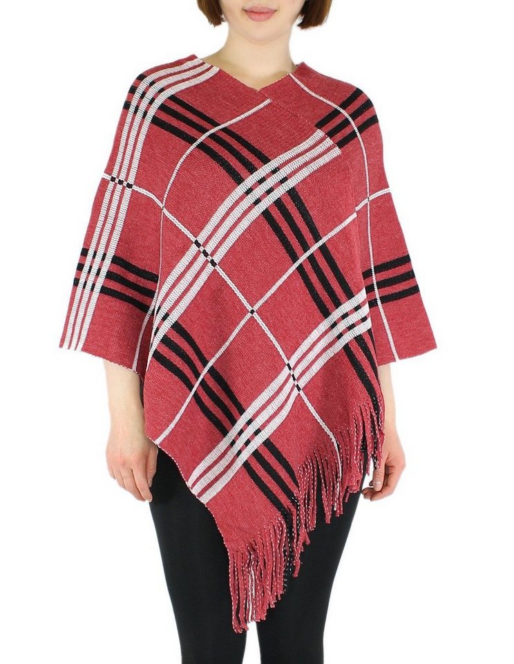 dy_mode Strickponcho Damen Strick Poncho Kariert Fransenponcho Überwurf Cape Pullover in Karo Muster, mit Fransen von dy_mode