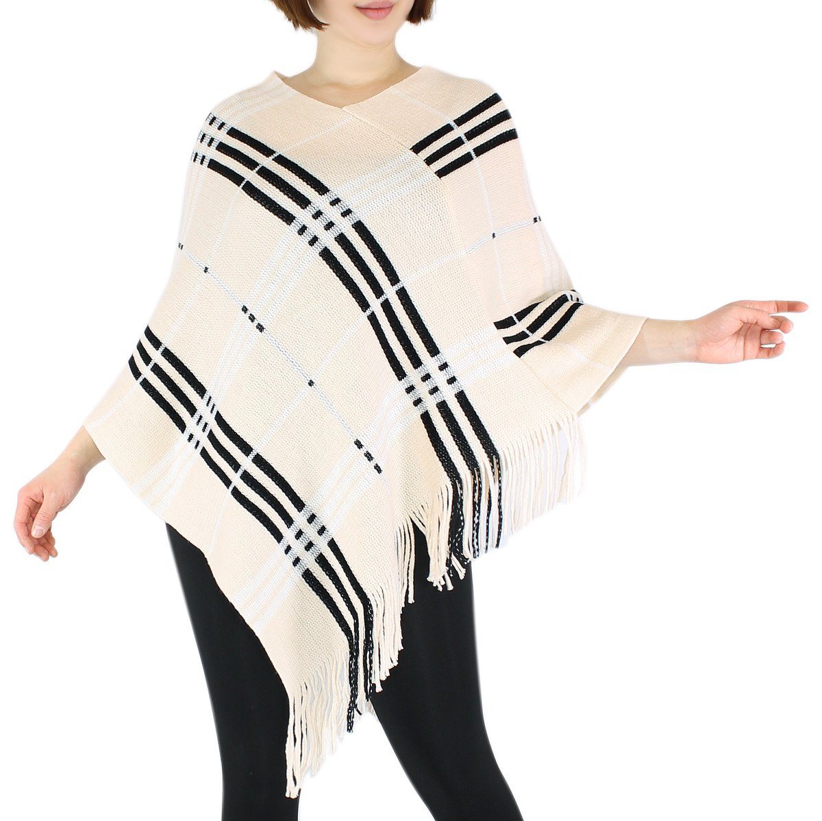 dy_mode Strickponcho Damen Strick Poncho Kariert Fransenponcho Überwurf Cape Pullover in Karo Muster, mit Fransen von dy_mode