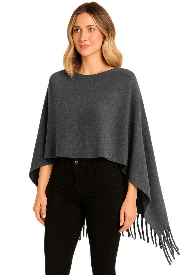 dy_mode Strickponcho Kuscheliger Damen Strickponcho mit Fransen – Unifarbener Überwurf/Cape Unifarbe, mit Fransen von dy_mode