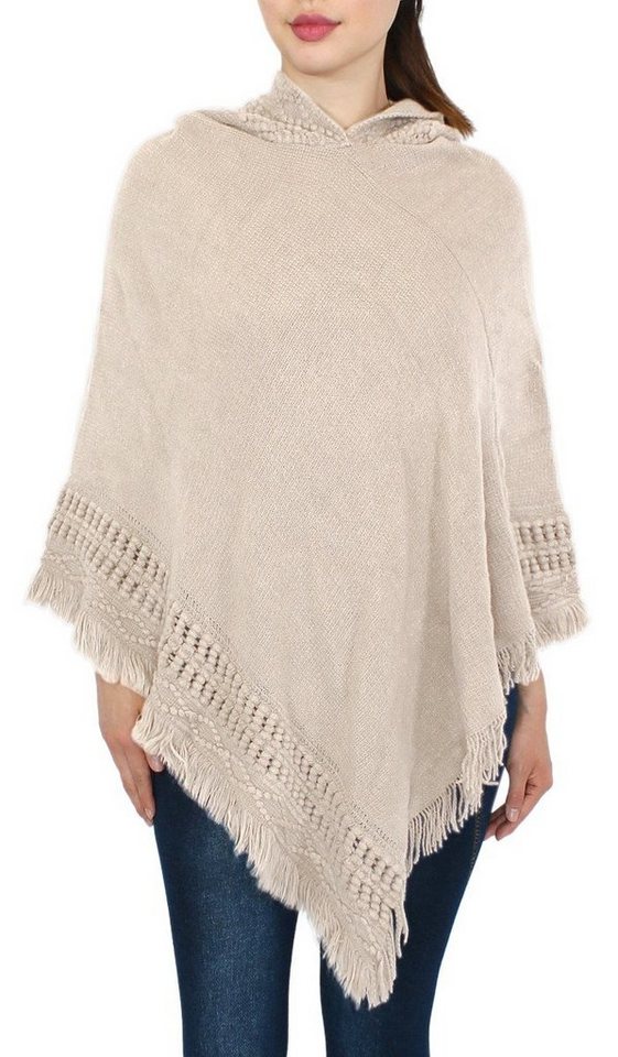 dy_mode Strickponcho Poncho Damen Strickponcho Umhang Cape Pullover mit Kapuze in Unifarbe, mit Fransen von dy_mode