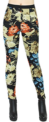 dy_mode Thermo Hose Damen Warme Winter Leggings mit Innenfutter und Vordertaschen - M/L/XL- WL059-64 (WL062-Herbstblumen, 38/M) von dy_mode