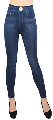 dy_mode Thermo Leggings Damen Jeggings gefüttert Jeansoptik Leggins - WL130 (S/M, WL082-BlauOneButton) von dy_mode