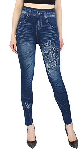 dy_mode Thermo Leggings Damen Jeggings gefüttert Jeansoptik - WL046 (L/XL, WL115-Butterflylily) von dy_mode