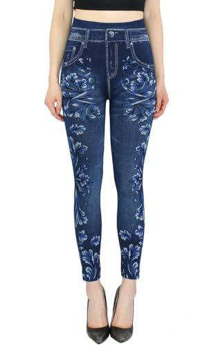 dy_mode Thermo Leggings Damen Jeggings gefüttert Jeansoptik - WL046 (L/XL, WL122-SuperBloom) von dy_mode