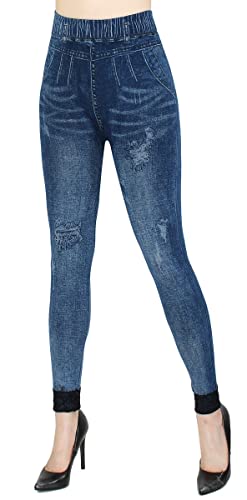 dy_mode Thermo Leggings Damen Jeggings gefüttert Jeansoptik - WL046 (L/XL, WL150-WithLace) von dy_mode