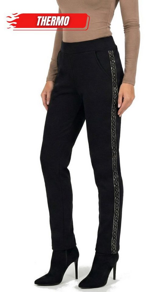 dy_mode Thermohose Damen Thermo Hose mit Glitzer Streifen Warm gefütterte Winterhose in Unifarbe, Middel Waist, mit Innenfutter, mit elastischem Bund von dy_mode