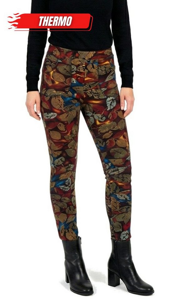 dy_mode Thermohose Damen Thermohose Herbstlaub-Muster Gefütterte Winterleggings Middel Waist, mit Innenfutter, mit elastischem Bund von dy_mode
