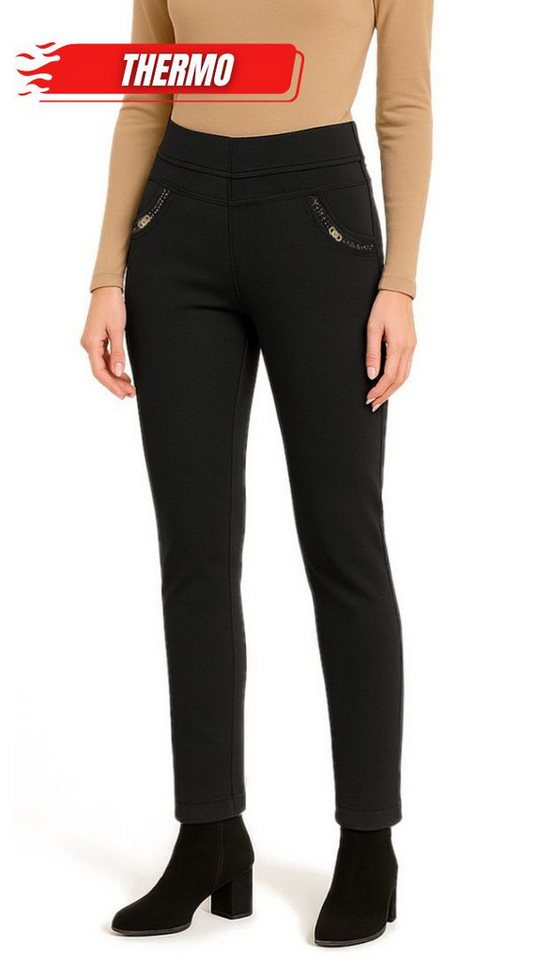 dy_mode Thermohose Damen Thermohose Schwarz Stretchhose mit Innenfutter Winterhose in Unifarbe, Middel Waist, mit Innenfutter, mit elastischem Bund von dy_mode