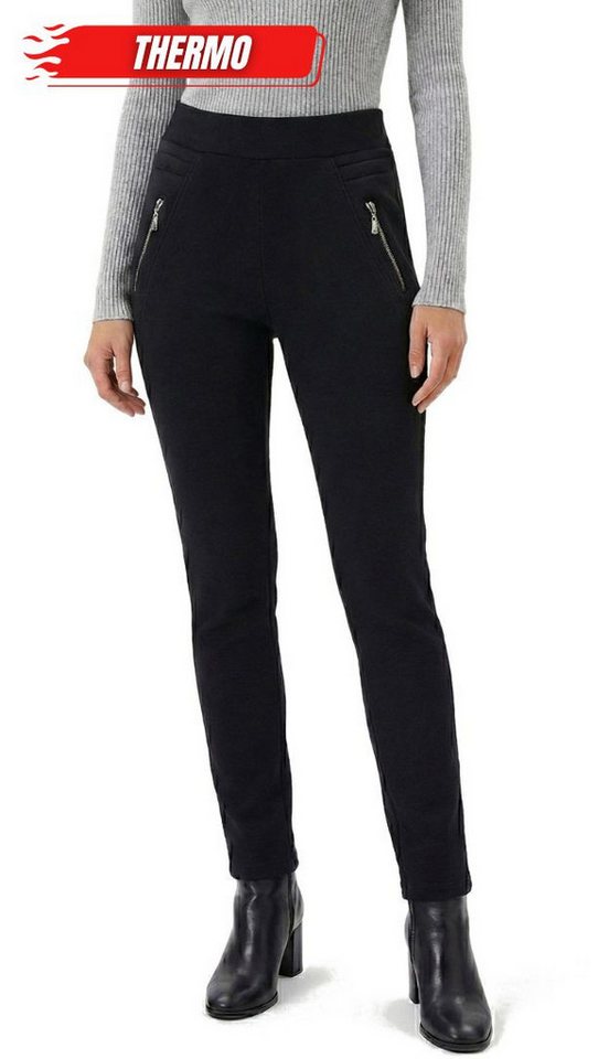 dy_mode Thermohose Damen Thermohose Schwarz gefütterte Winterhose Mid Waist in Unifarbe, Middel Waist, mit Innenfutter, mit elastischem Bund von dy_mode