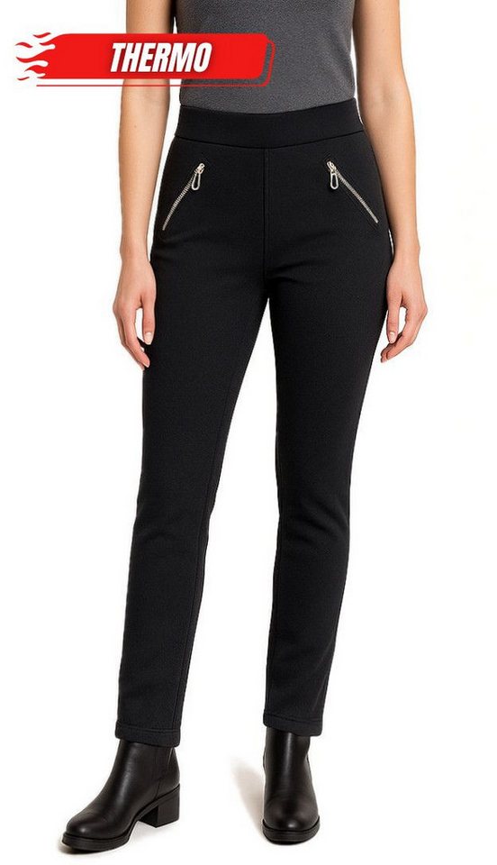 dy_mode Thermohose Damen Thermohose Schwarz gefütterte Winterhose Mid Waist in Unifarbe, Middel Waist, mit Innenfutter, mit elastischem Bund von dy_mode