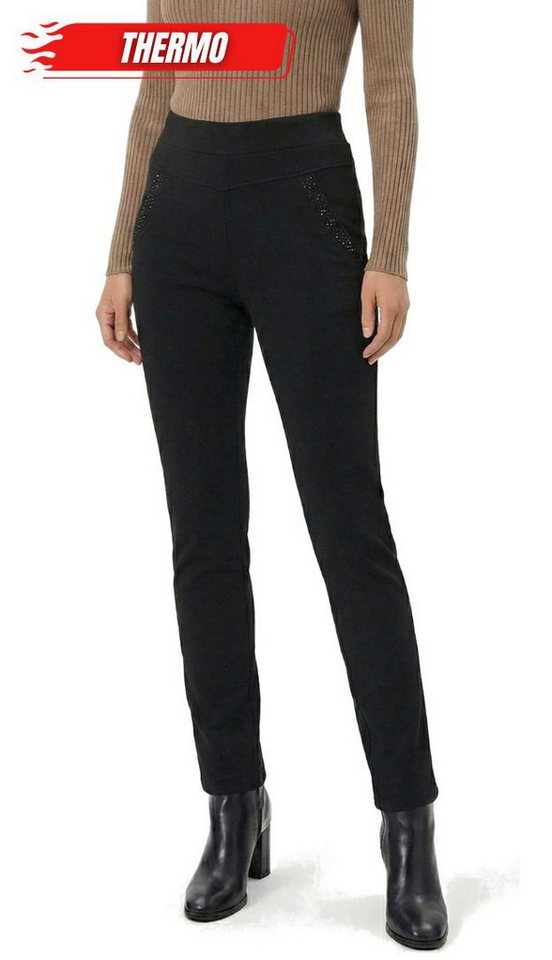 dy_mode Thermohose Damen Thermohose mit Innenfutter Schwarz Winterhose mit Glitzer in Unifarbe, Middel Waist, mit Innenfutter, mit elastischem Bund von dy_mode