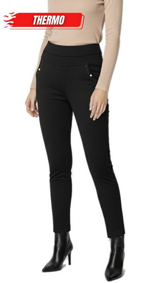 dy_mode Thermohose Damen Thermohose mit Innenfutter Schwarze Winterhose mit Glitzer in Unifarbe, Middel Waist, mit Innenfutter,it elastischem Bund von dy_mode