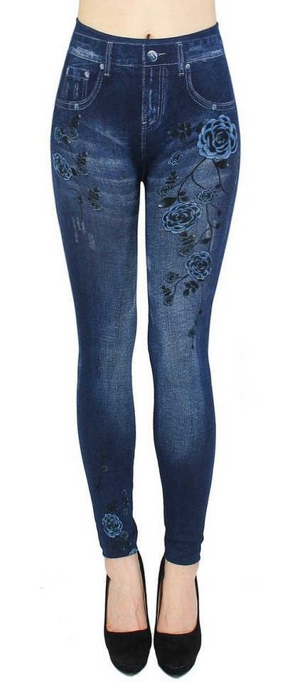 dy_mode Thermoleggings Thermo Leggings Damen Jeggings Gefüttert Thermoleggings Jeans-Optik mit elastischem Bund, Geblümt, mit Innenfutter von dy_mode