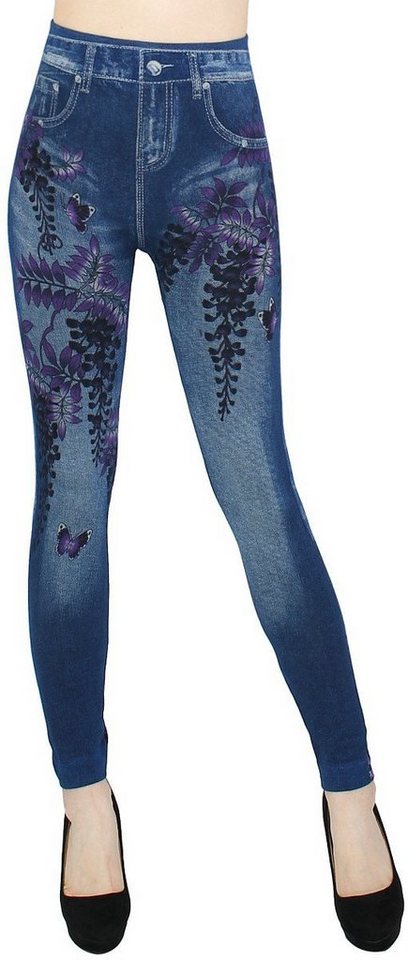 dy_mode Thermoleggings Thermo Leggings Damen Jeggings Gefüttert Thermoleggings Jeans-Optik mit elastischem Bund, Geblümt, mit Innenfutter von dy_mode