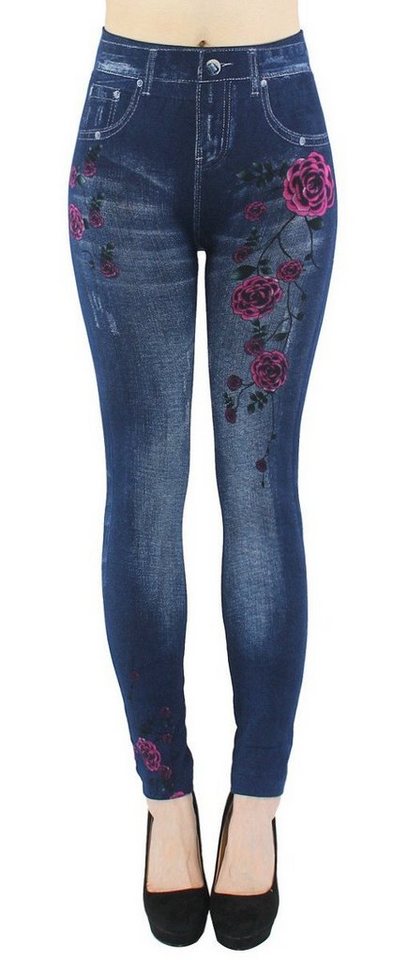 dy_mode Thermoleggings Thermo Leggings Damen Jeggings Gefüttert Thermoleggings Jeans-Optik mit elastischem Bund, Geblümt, mit Innenfutter von dy_mode