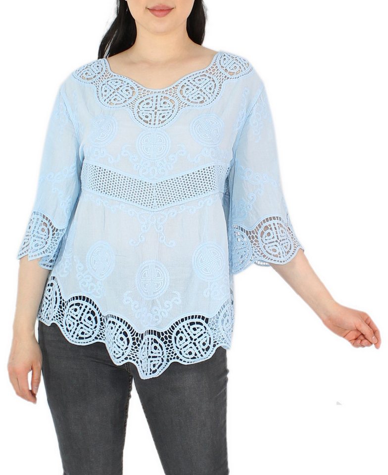 dy_mode Tunika Damen Tunika 3/4 Arm mit Spitze – Leichte Baumwoll Bluse für Sommer mit Häkel-Einsätzen - leicht transparent von dy_mode