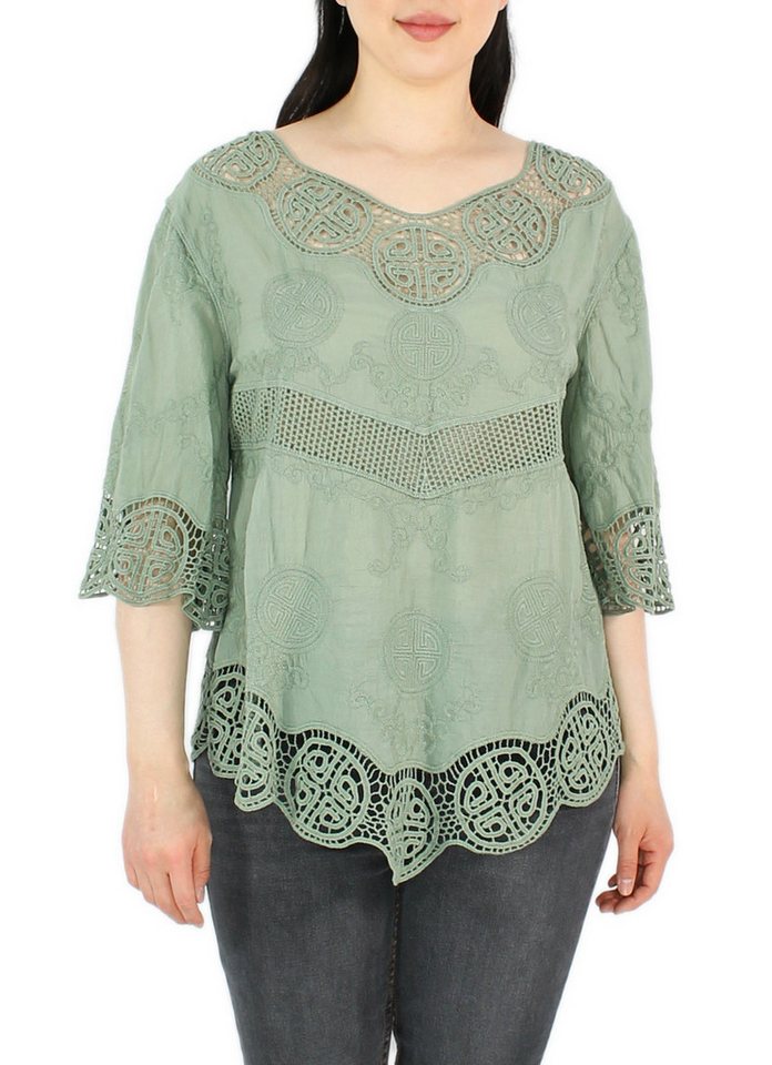 dy_mode Tunika Damen Tunika 3/4 Arm mit Spitze – Leichte Baumwoll Bluse für Sommer mit Häkel-Einsätzen - leicht transparent von dy_mode