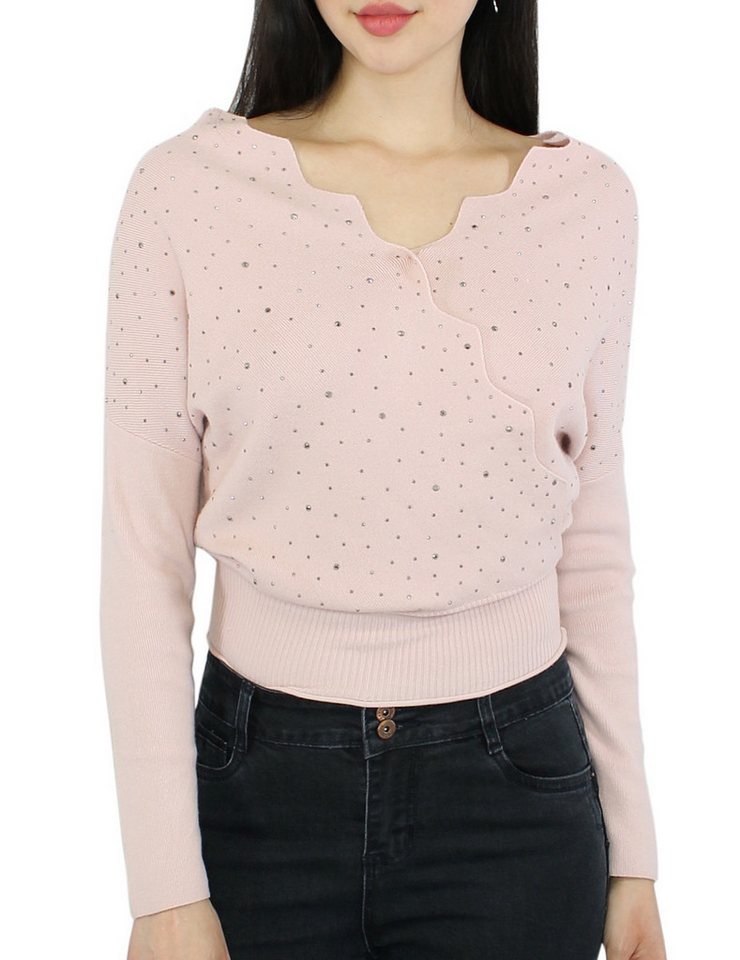 dy_mode V-Ausschnitt-Pullover Damen Feinstrick Pullover mit Glitzer Eleganter Kurzpullover in Unifarben, mit Glitzer von dy_mode