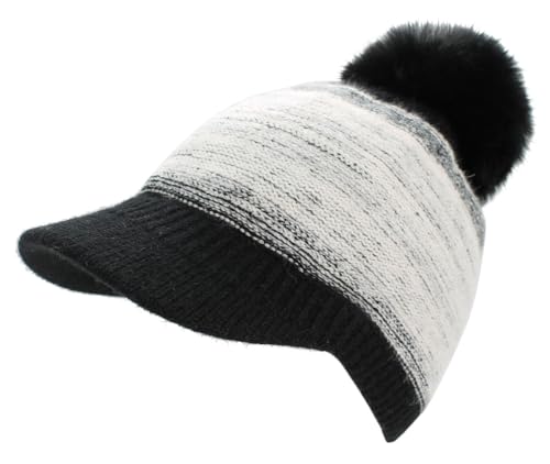 dy_mode Warme Damen Strickmütze mit festem Schirm, gefüttert und zweifarbig - Winter Schirmmütze mit Bommel - A500 (DE/NL/SE/PL, Alphanumerisch, Einheitsgröße, A500-SchwarzWeiß) von dy_mode