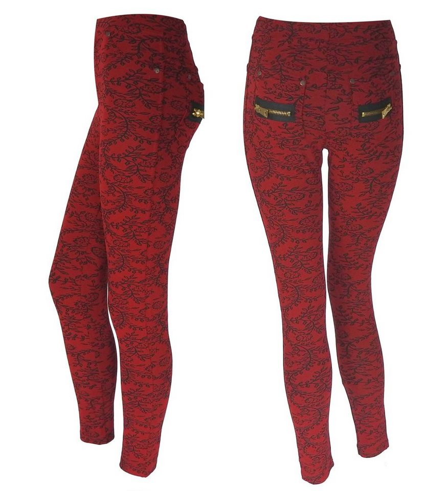 dynamic24 Treggings Damen Stretch Hose Stoffhose High Waist Röhre Skinny Leggings Jeggings schwarz rot von dynamic24