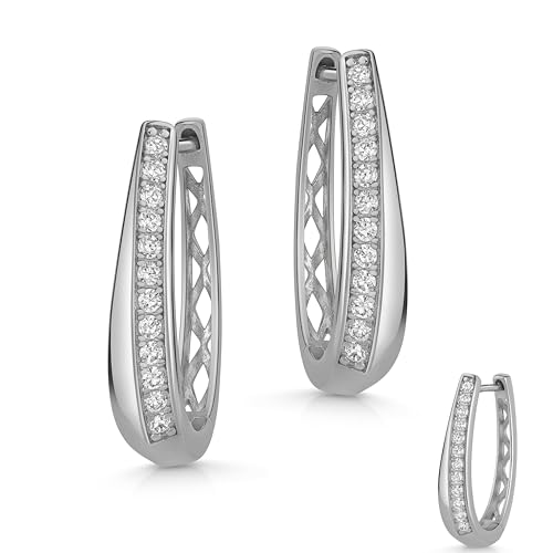 Creolen Silber 925 vergoldet lang länglich modern stabil groß Zirkonia Ohrringe Geschenk Damen Frauen Mädchen (925 Silber) von e-h collection