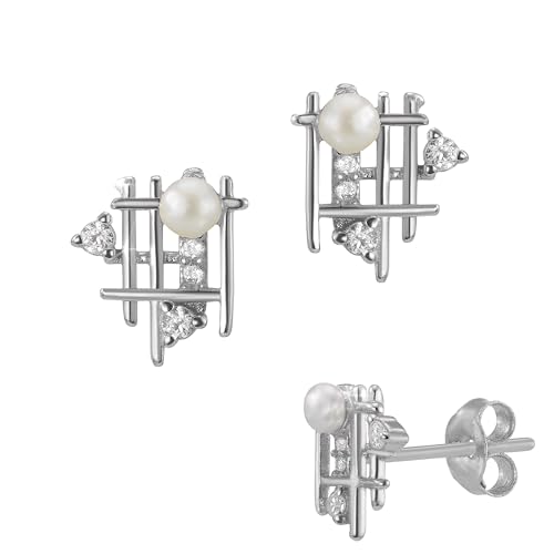 Ohrstecker aus 925 Silber Gitter-Design mit Perle und Zirkonia 8,6 mm, stabil rhodiniert moderner Stil, Damen Frauen Mädchen e-h collection (925 Silber rhodiniert) von e-h collection