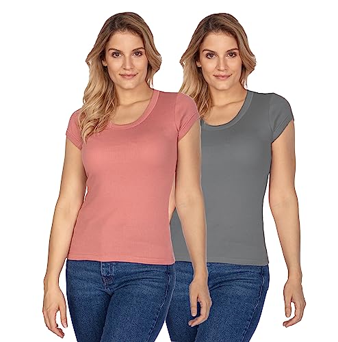 e.Femme® 2er Pack Damen Kurzarm T-Shirts Tops Hemdchen Rita II Z-107A aus 50% Modal und 50% Baumwolle, Doppelripp, Altrosa/Anthrazit Gr. 44/46 von e.Femme