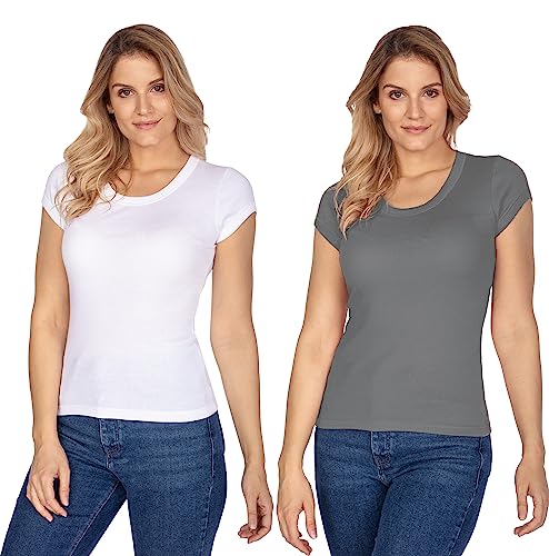 e.Femme® 2er Pack Damen Kurzarm T-Shirts Tops Hemdchen Rita II Z-107A aus 50% Modal und 50% Baumwolle, Doppelripp, Weiß/Anthrazit Gr. 36/38 von e.Femme