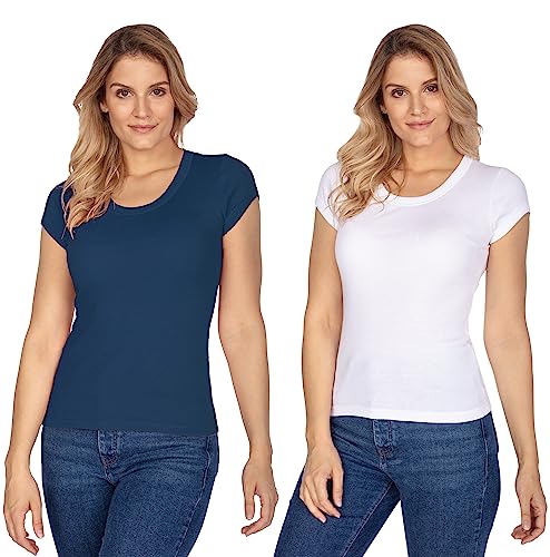 e.Femme® 2er Pack Damen Kurzarm T-Shirts Tops Hemdchen Rita II Z-107A aus 50% Modal und 50% Baumwolle, Doppelripp, Weiß/Marine Gr. 36/38 von e.Femme