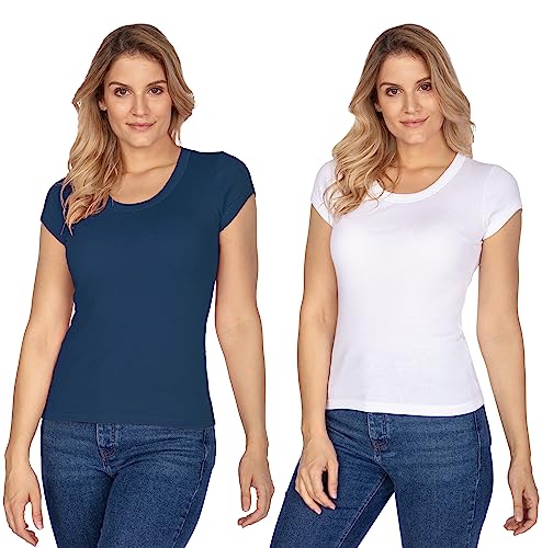 e.Femme® 2er Pack Damen Kurzarm T-Shirts Tops Hemdchen Rita II Z-107A aus 50% Modal und 50% Baumwolle, Doppelripp, Weiß/Marine Gr. 48/50 von e.Femme